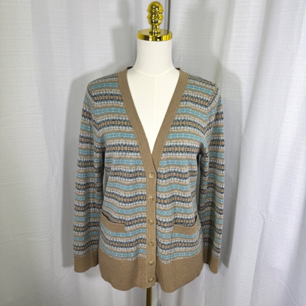 Pendleton 100% Merino Wool Fair Isle Cardigan Sweater Tan Blue Petite Medium PM